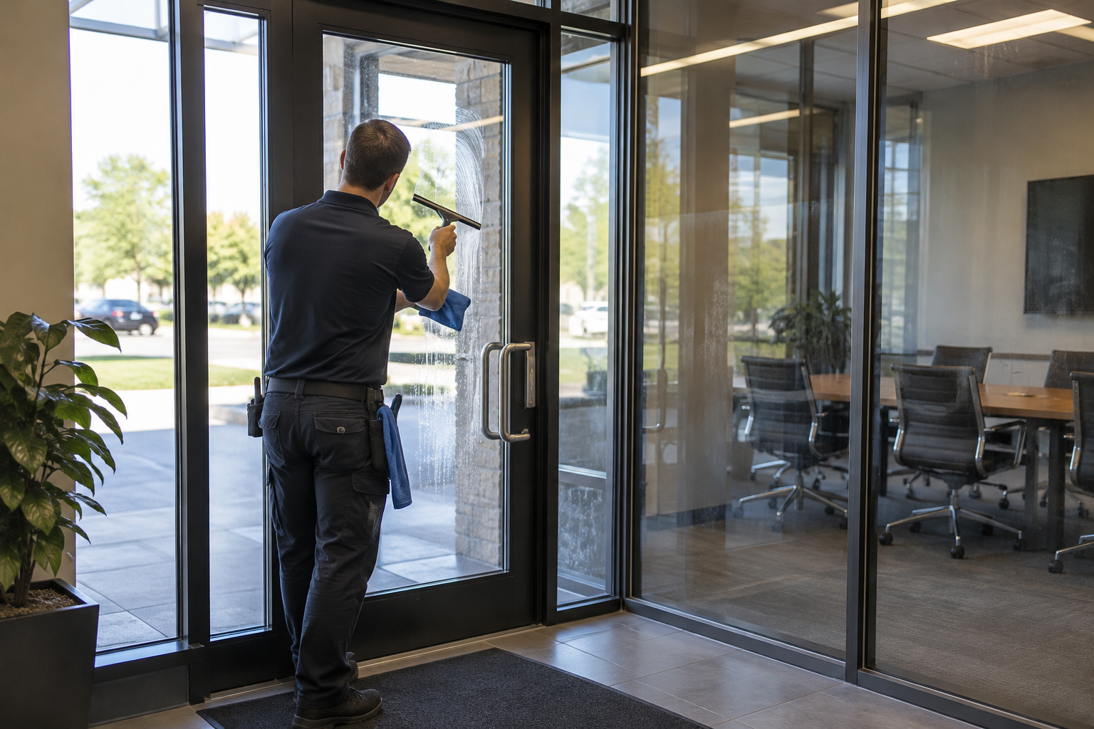Illustration for the article: Commercial Window Washing in Strongsville for Interior Glass Partitions and Entry Doors